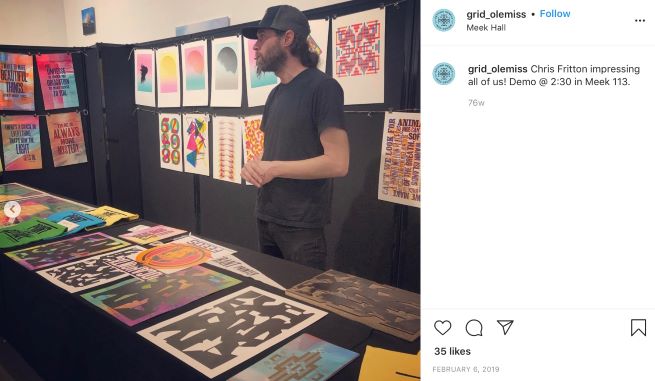 Grid Instagram post featuring Chris Fritton giving a demo of print pieces.