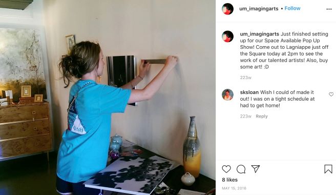 Clicks Instagram post featuring woman setting up the space for a Pop Up Show.