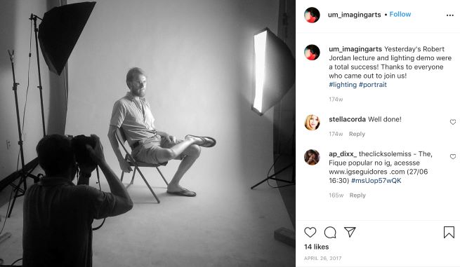 Clicks Instagram post featuring a lighting demo with Robert Jordan.