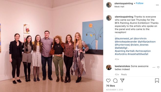 Painting Instagram post featuring a group of artists posing in front of the BFA Painting Alumni Exhibition.