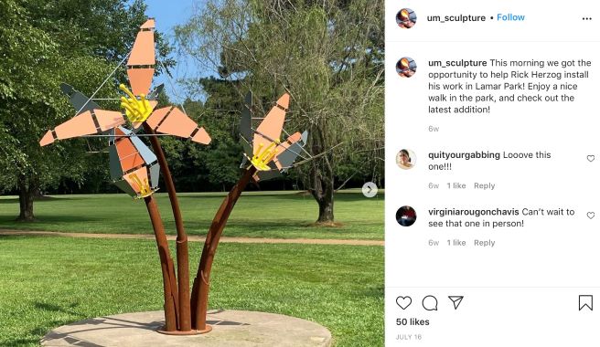 Sculpture Instagram post featuring Rick Herzog's flower sculpture installment at Lamar Park