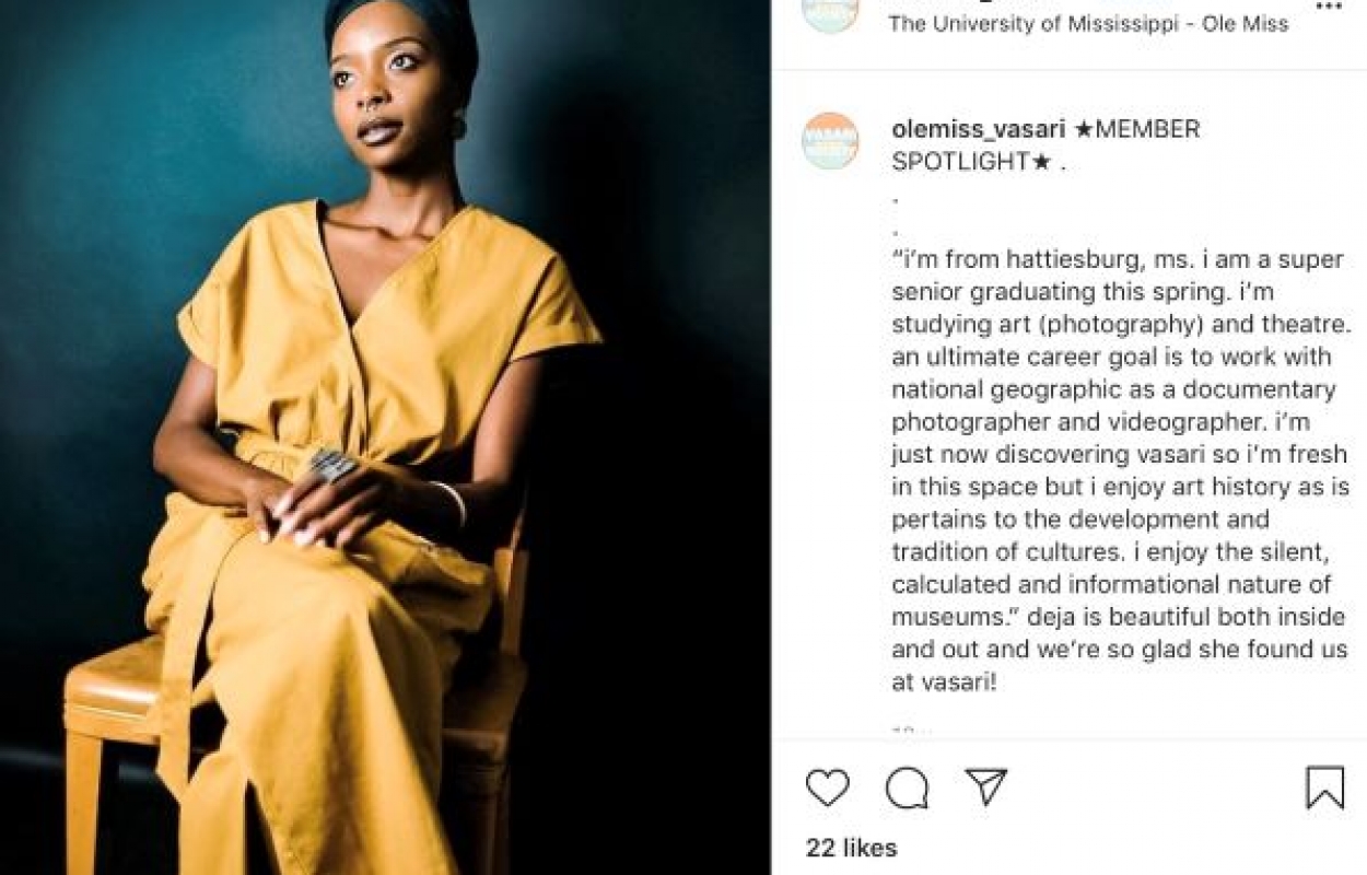 Vasari Society Instagram post featuring an African American woman student who is sitting for a portrait