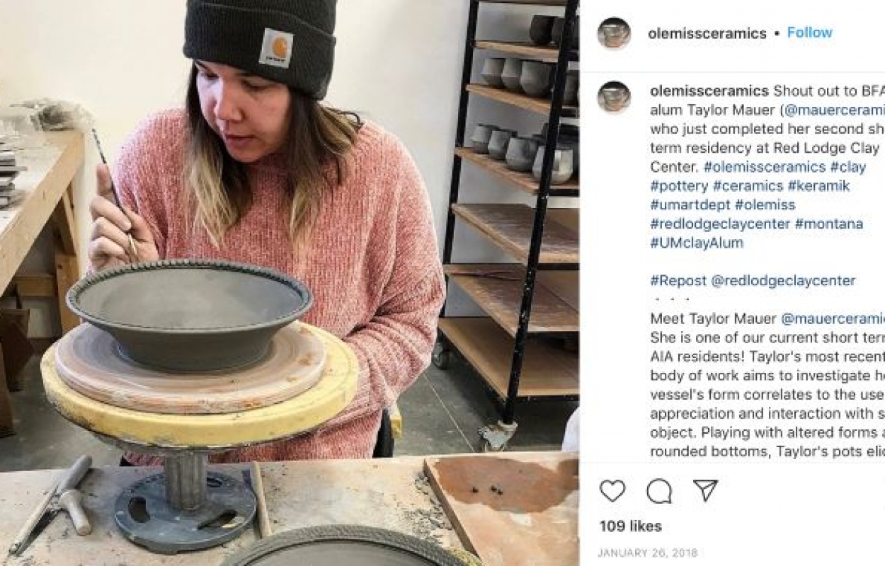 Ceramics Instagram post featuring BFA alum working on a bowl.