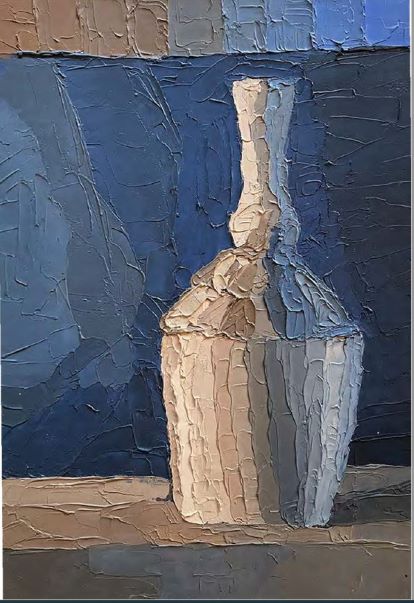 image of vase from a beginning painting class. colors of cream on vase and blue background