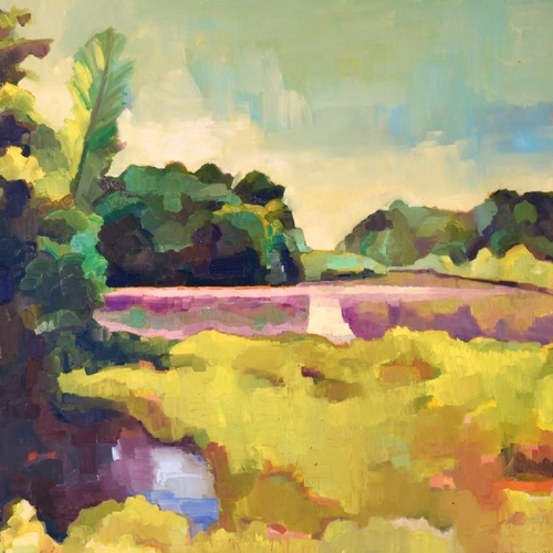 image of a plein air landscape painting of a field with lots of yellows and greens