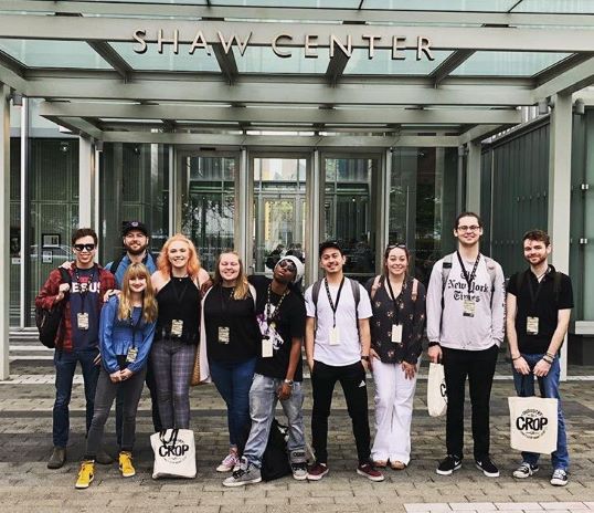 Graphic design students gathered together outside the conference center during field trip to graphic design conference