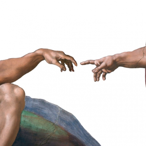 Close-up of the Adam and God's fingertips almost touching, from the painting by Michaelangelo on the Sistine Chapel