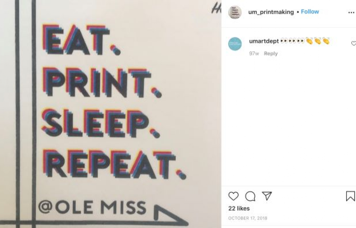 Printmaking Instagram post featuring the slogan eat. print. sleep. repeat.