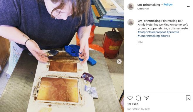 Printmaking Instagram post featuring BFA student Annie Hutchins working on some soft ground copper etchings.