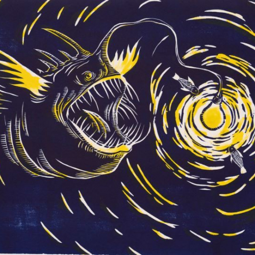 printmaking image of an angler fish in blues, blacks, and yellow