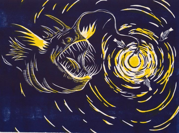 printmaking image of an angler fish in blues, blacks, and yellow