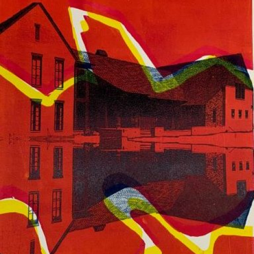 image of a printmaking class project of a house with vibrant red and yellow color