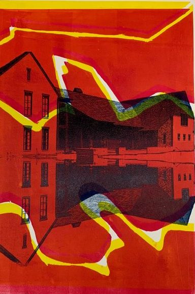 image of a printmaking class project of a house with vibrant red and yellow color