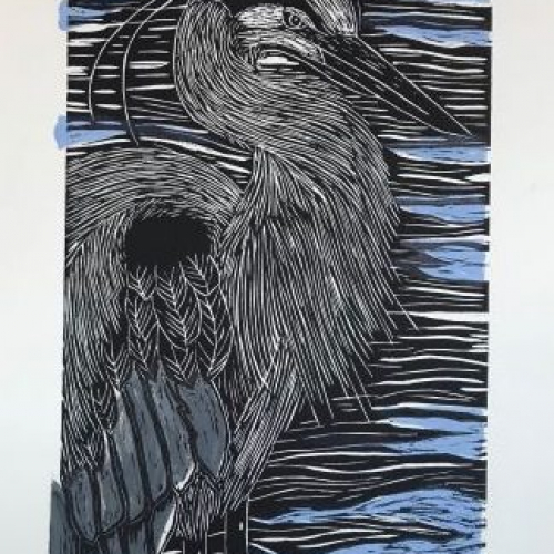 photo of a printmaking class project of a crane standing in water